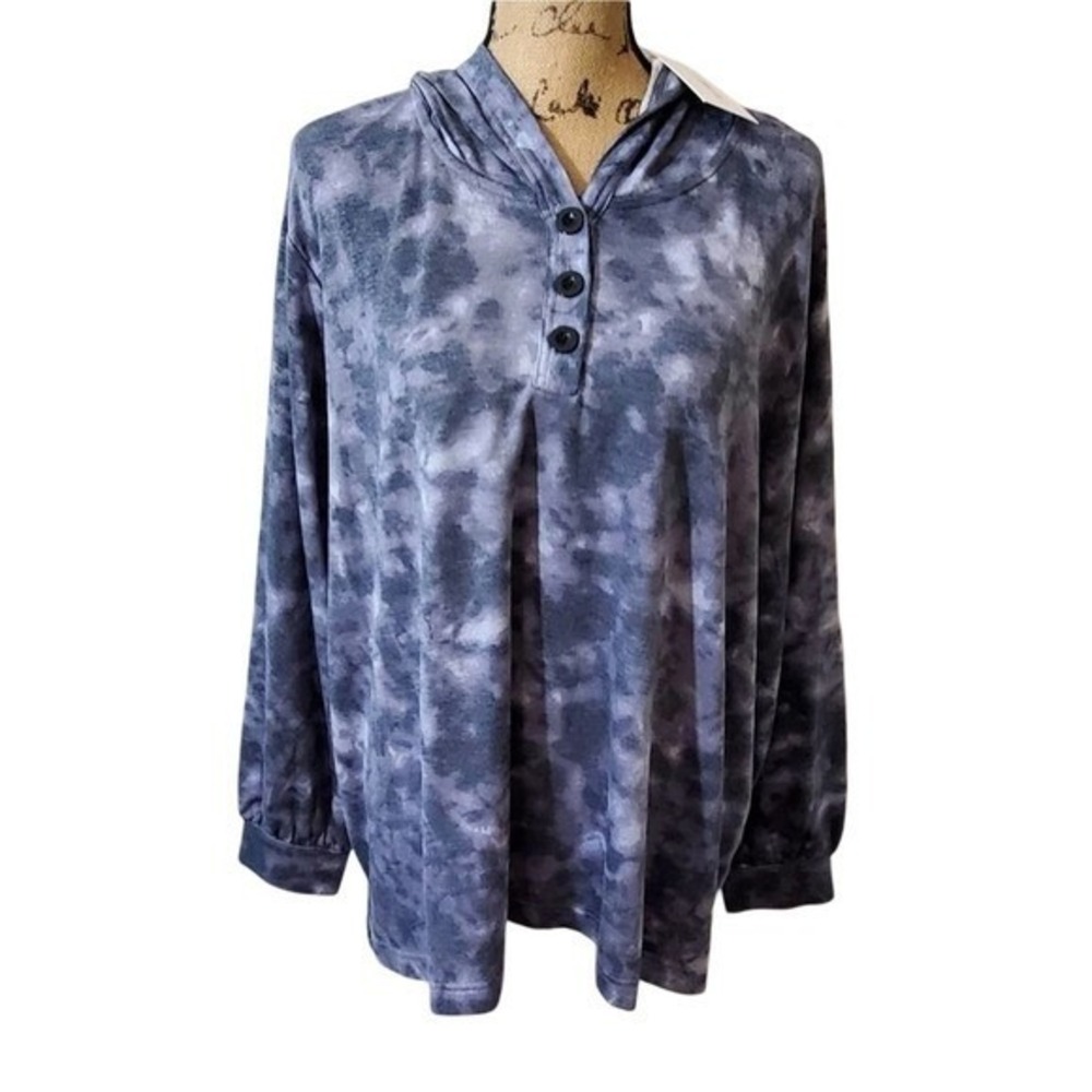 COMO Blu Super soft blue tie dye hooded shirt Hoodie Top plus size‎ 1X New